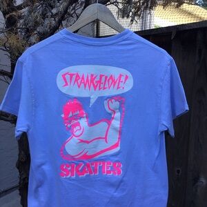 Strangelove Skateboards Neon Pink Muscle Man Graphic T-Shirt Blue Size M